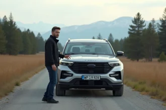 Homme devant SUV moderne et robuste en milieu rural