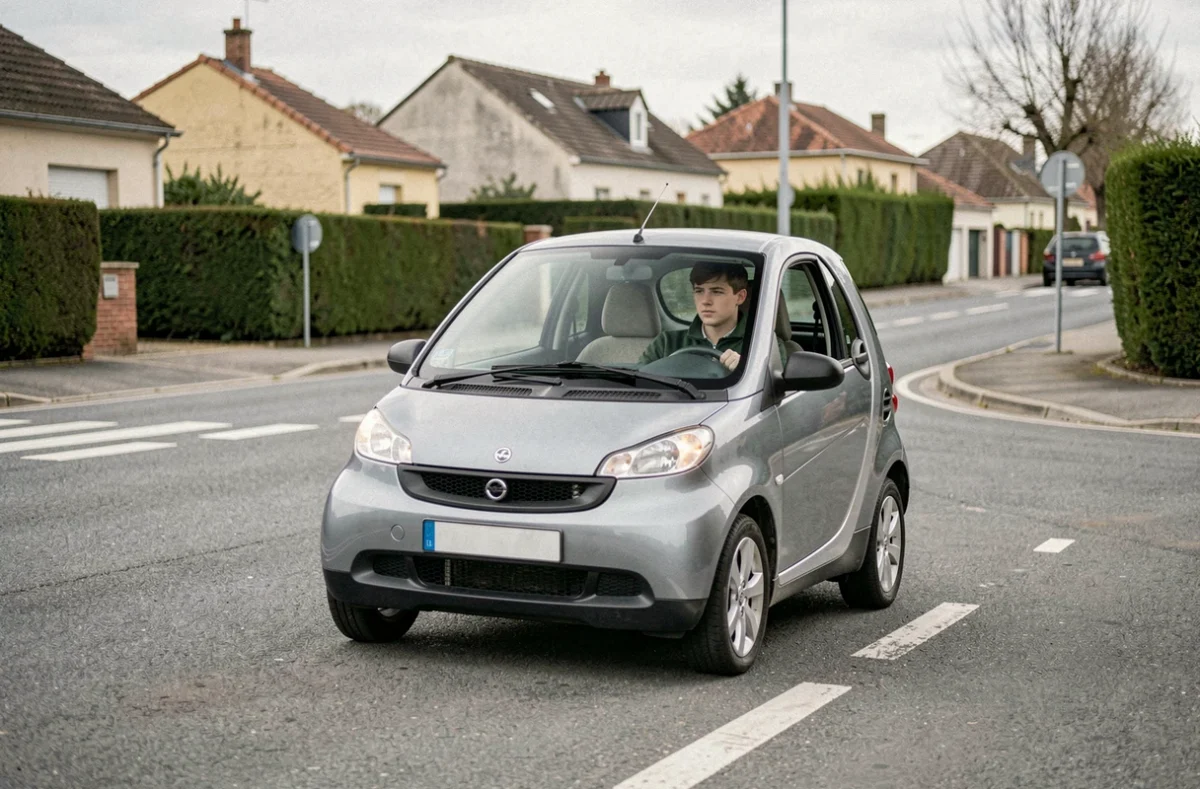 Un élève de AB Conduite 16 négociant un rond-point en Charente sous la supervision d'un moniteur