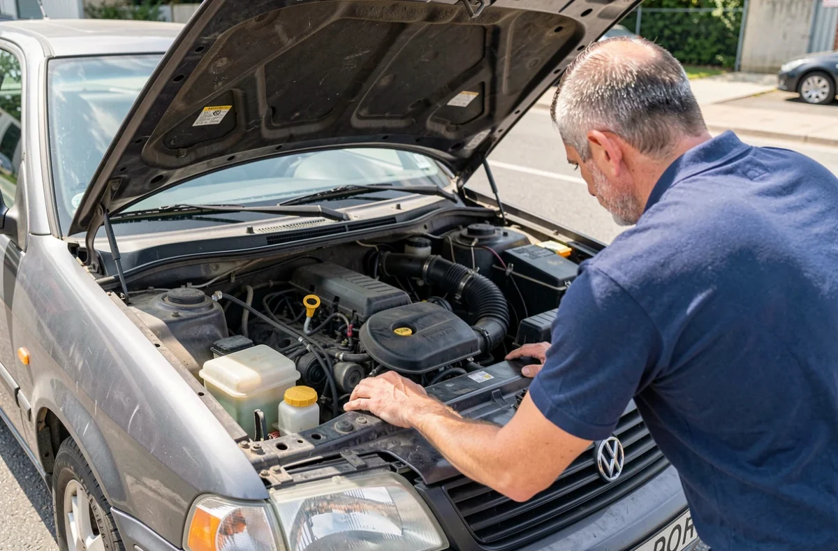 Acheteur examinant le moteur d'une voiture d'occasion