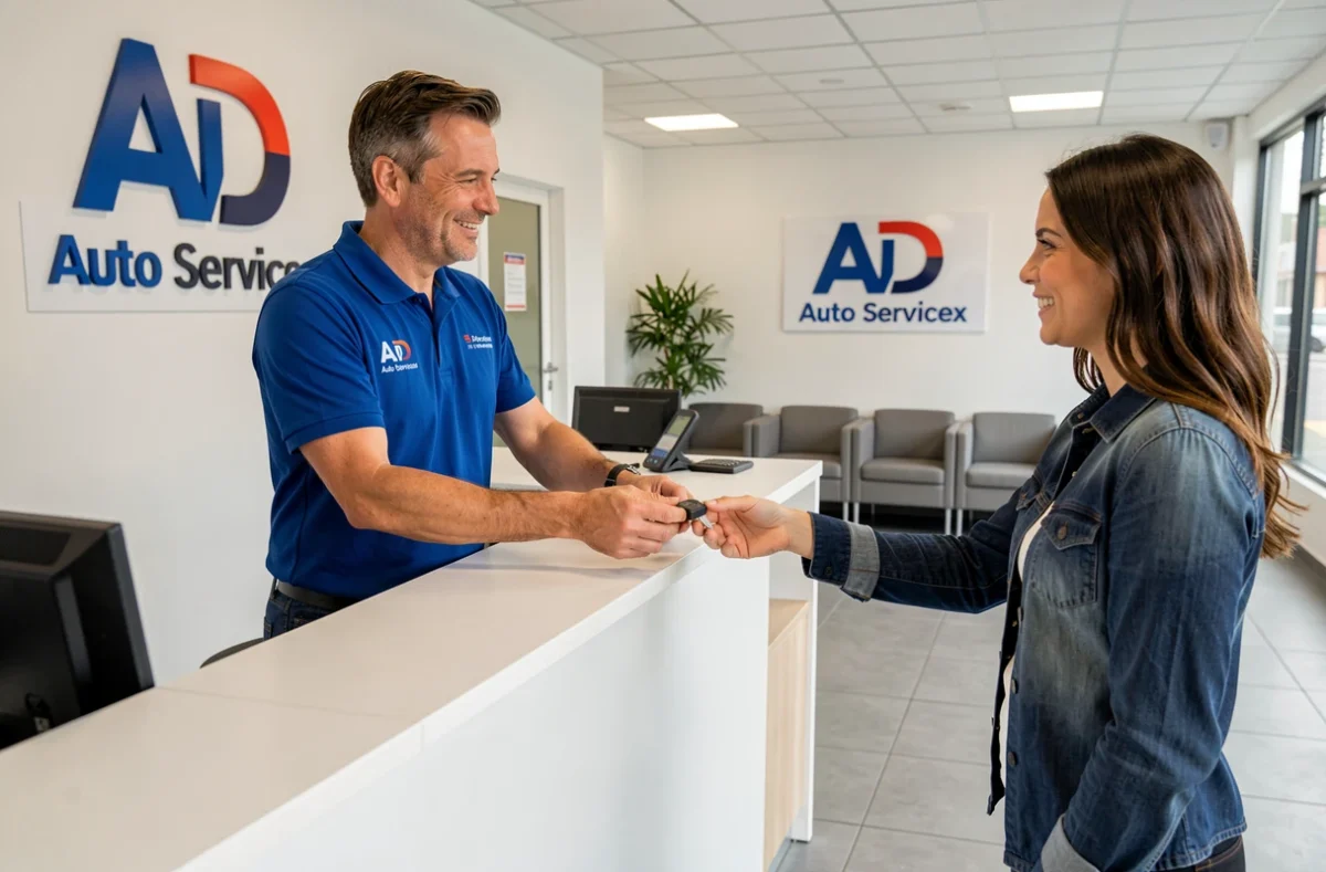 Conseiller d'AD Auto Services Puteaux remettant les clés à une cliente dans la zone d'accueil du garage