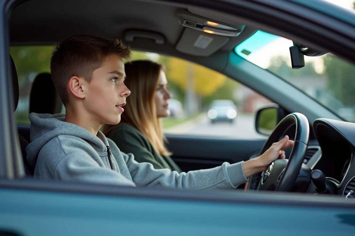 Adolescent en conduite supervisée accompagné d'un adulte sur une route résidentielle