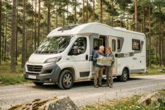 Couple de quinquagénaires devant un camping-car Adria d'occasion garé en forêt de pins, consultant une carte routière