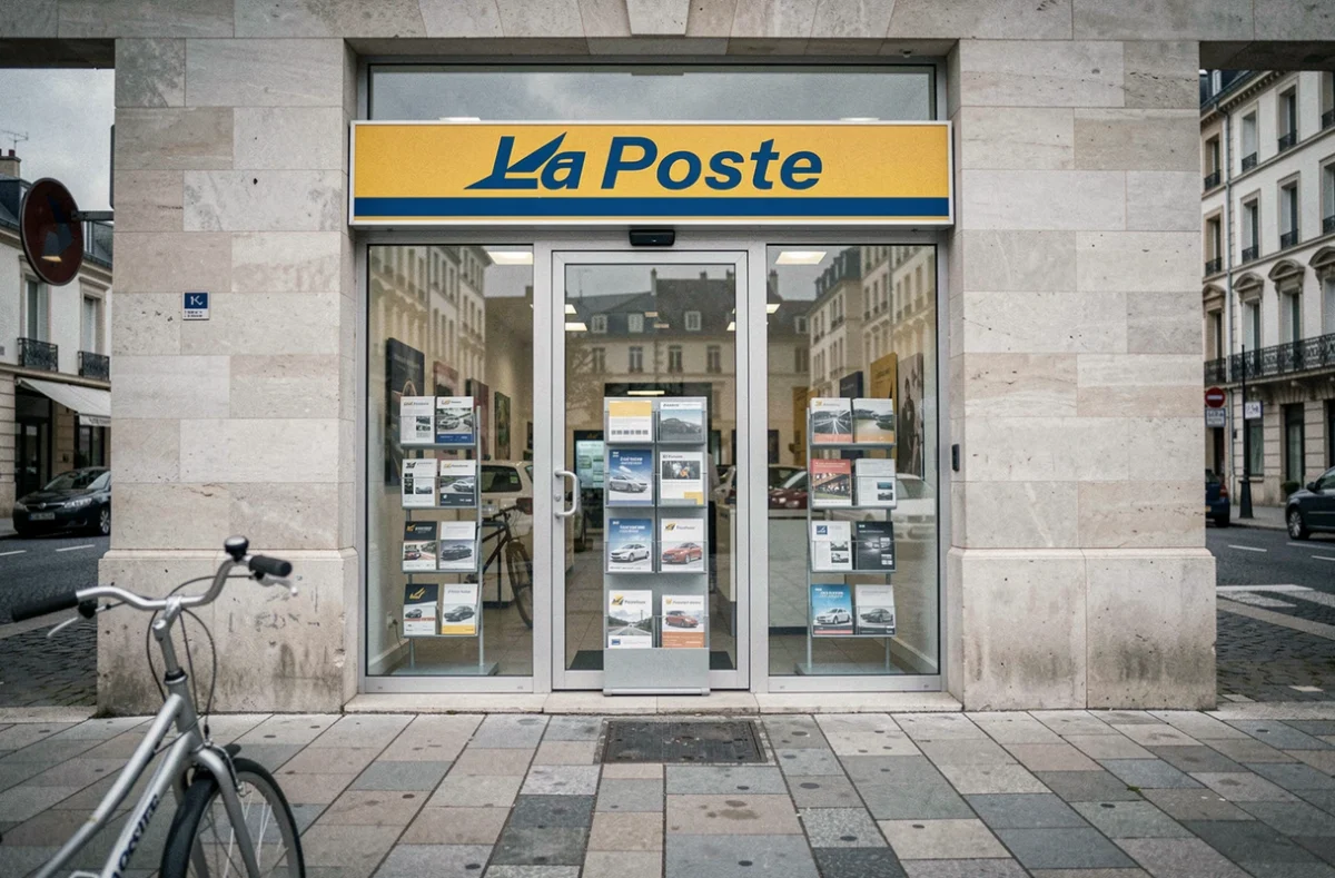 Devanture d'une agence La Poste proposant des offres d'assurance auto