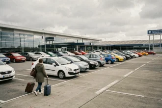 Vue panoramique d'un parking de location de voitures dans un aéroport du Grand Est avec des voyageurs et une flotte diverse