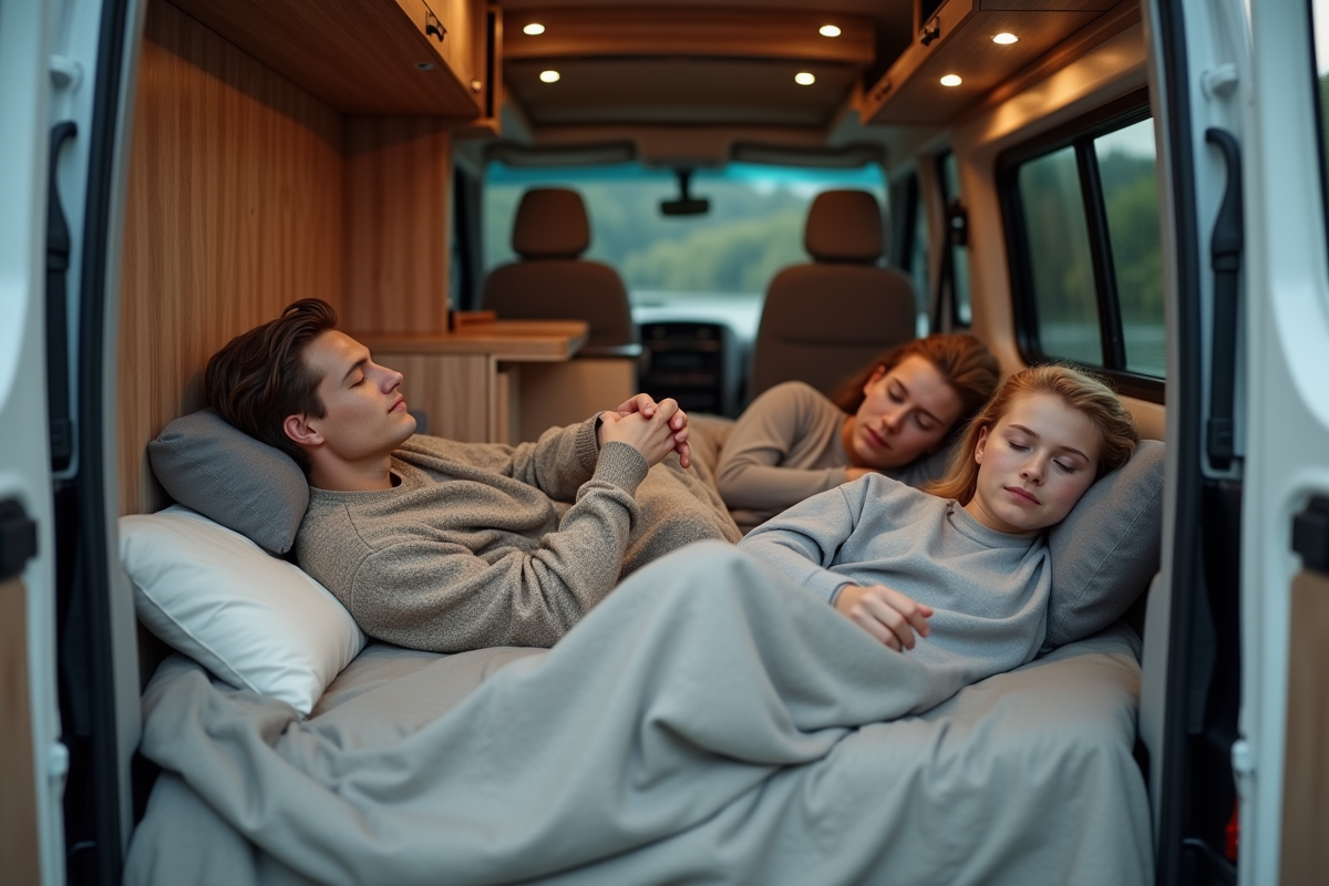 Amis endormis dans un van au bord du lac