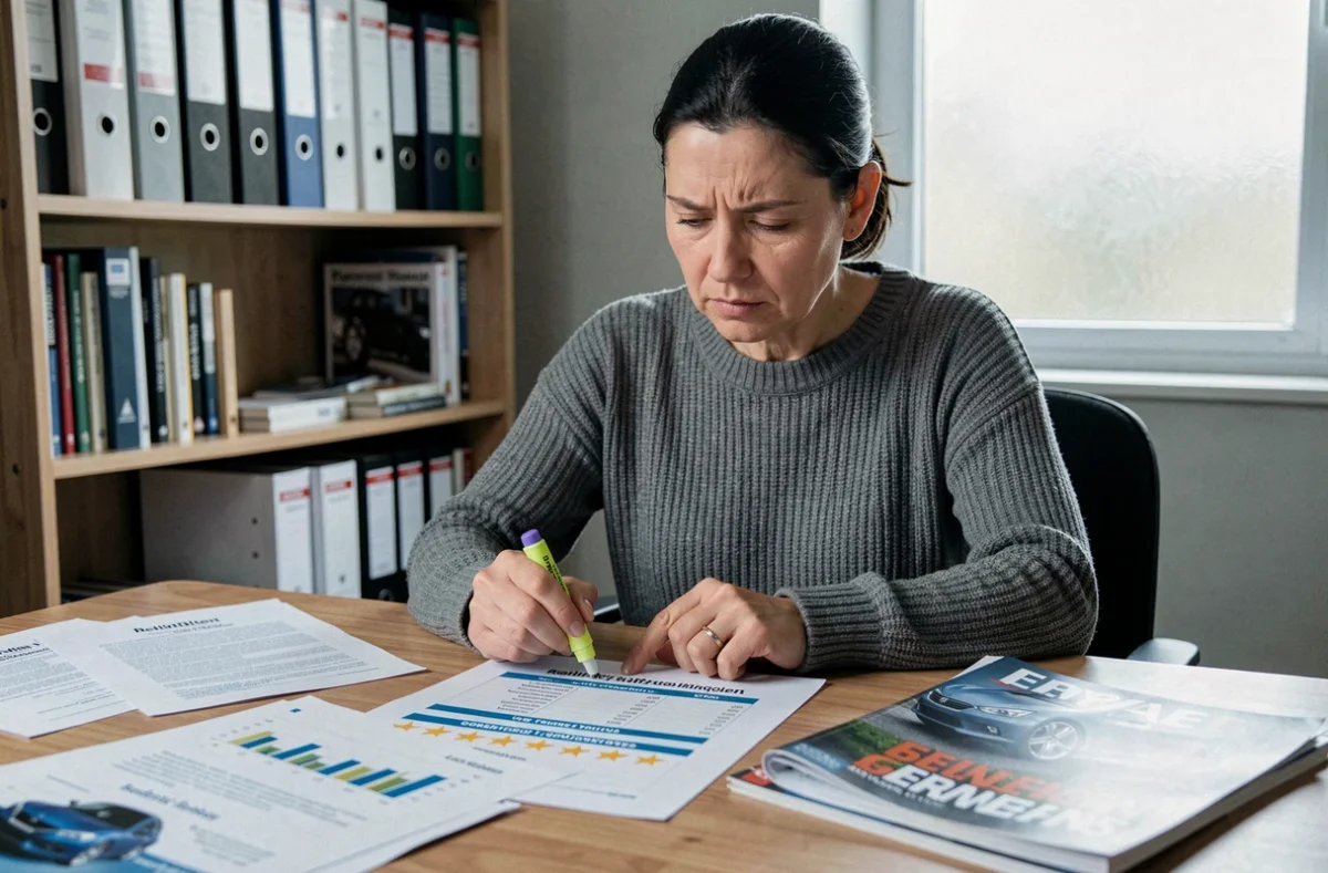 Femme analysant des classements de fiabilité automobile sur des documents imprimés dans un bureau à domicile