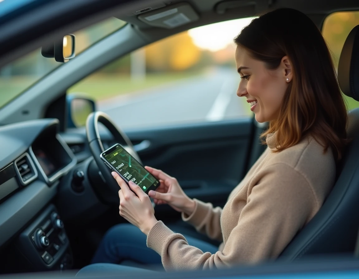 Femme dans sa voiture consultant une application de calcul de coût d'essence sur son smartphone