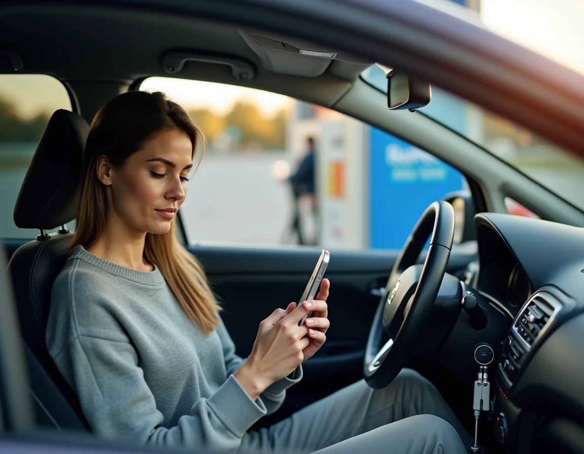 Femme utilisant une application mobile pour comparer les prix de l'essence à Roanne depuis sa voiture