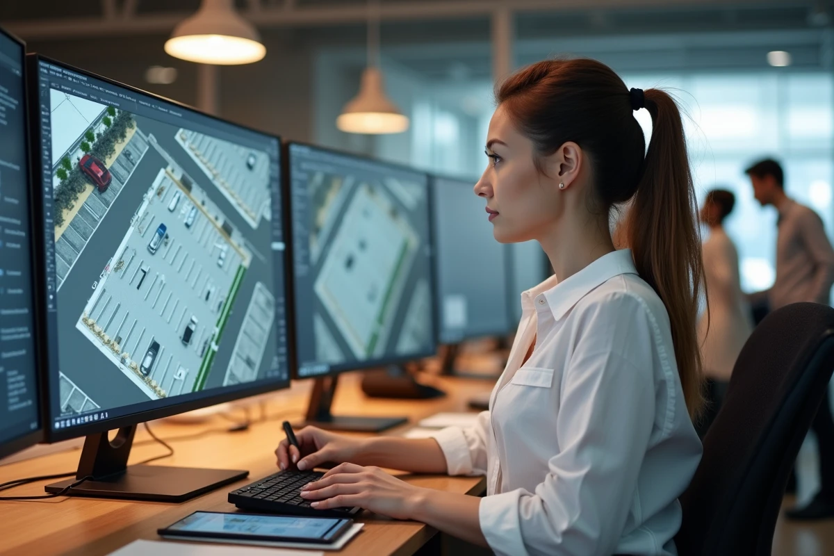 Architecte féminine utilisant un logiciel de CAO pour simuler un plan de parking avec dimensions des cases affichées à l'écran