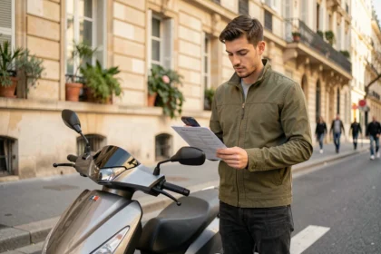 Jeune homme consultant un document d'assurance scooter dans une rue de Montpellier