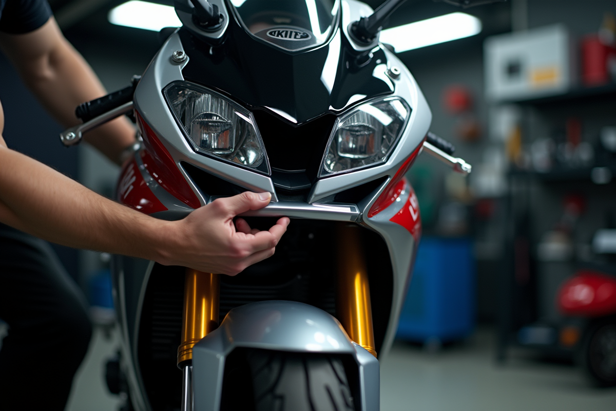 Mains du pilote fixant la plaque L sur une moto de sport