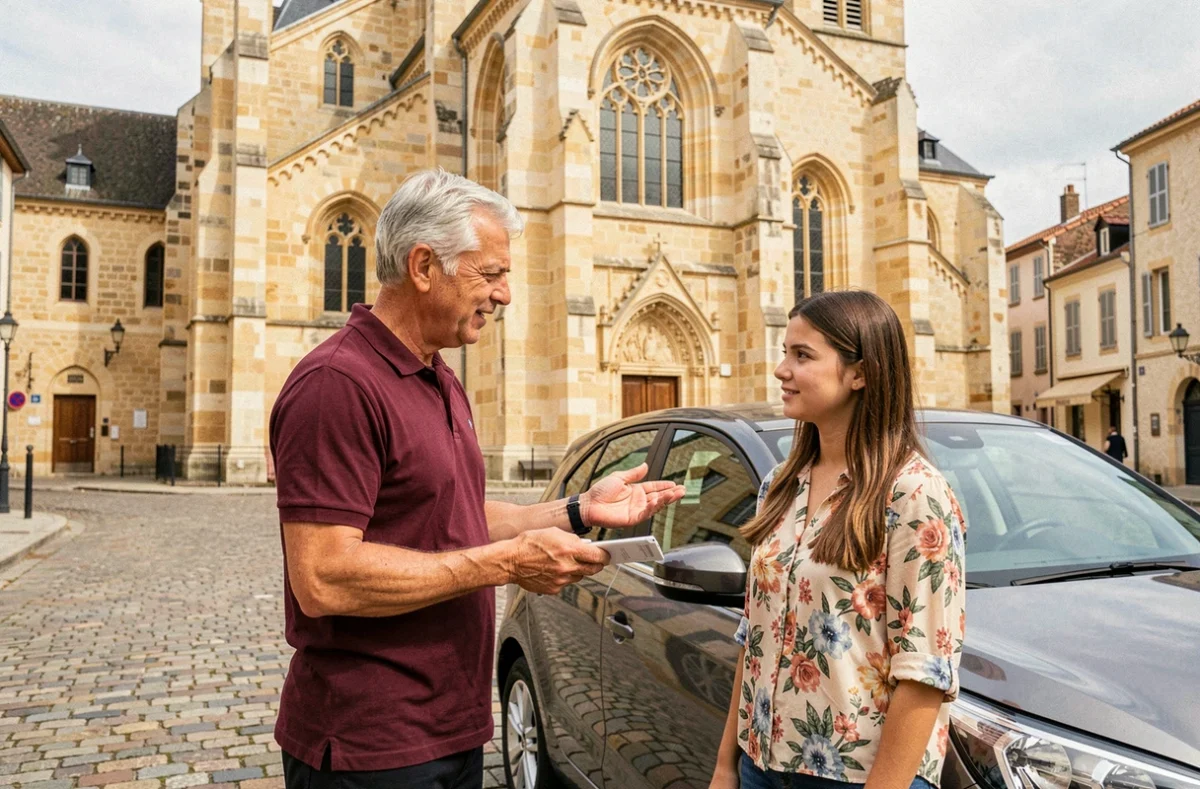 Un moniteur de l'auto-école de la Cathédrale avec une élève place de la cathédrale Saint-Pierre d'Angoulême