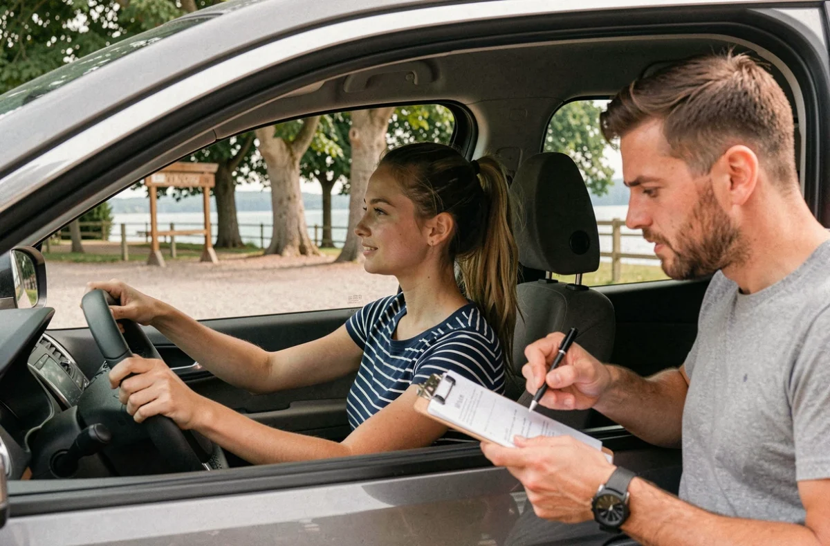 Une élève de l'auto-école de la Base en Charente s'apprêtant à démarrer près d'une base de loisirs