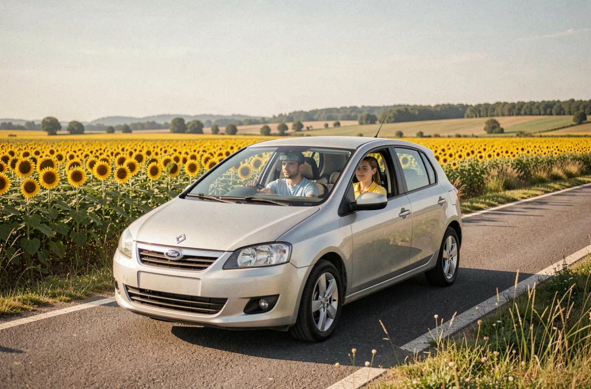 Un élève de l'auto-école Plein Sud conduisant sur une route de campagne ensoleillée en Charente