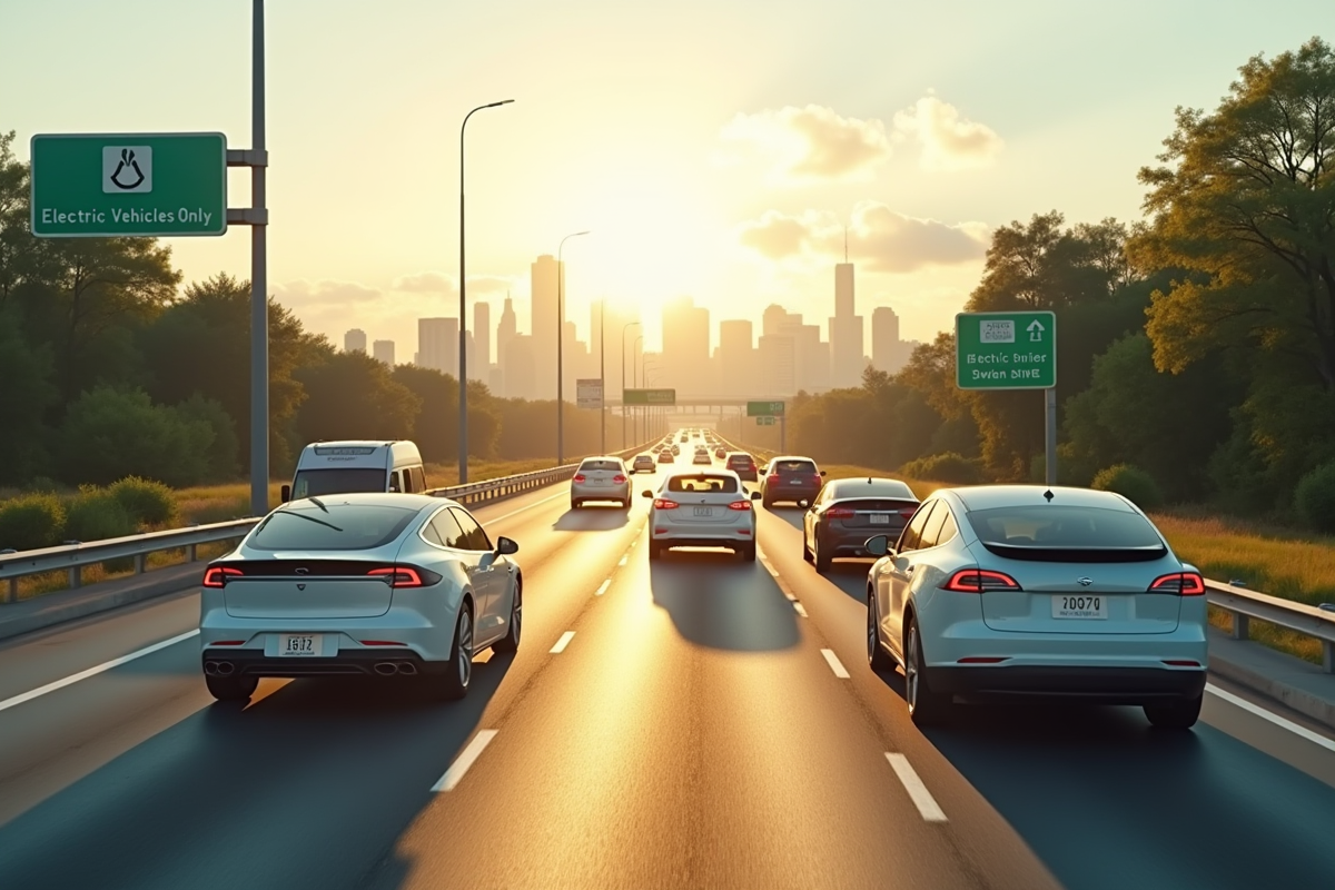 Autoroute avec voitures électriques et traditionnelles au matin
