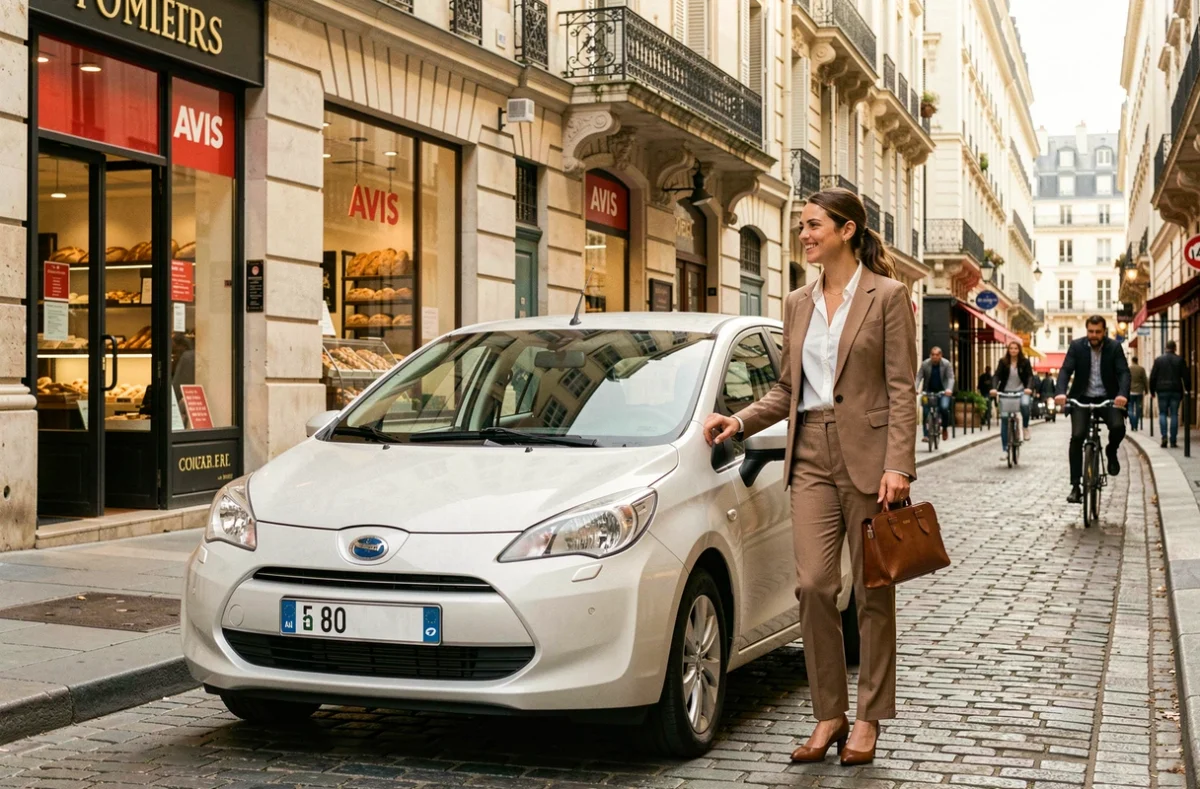 Femme déverrouillant une voiture de location compacte Avis dans une rue du centre-ville d'une ville française