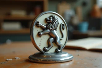 Gros plan macro sur un authentique badge lion Peugeot vintage en chrome et émail sur une voiture de collection française des années 70, avec patine détaillée