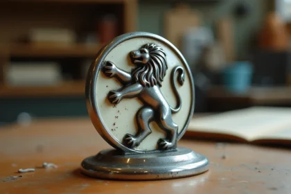 Gros plan macro sur un authentique badge lion Peugeot vintage en chrome et émail sur une voiture de collection française des années 70, avec patine détaillée