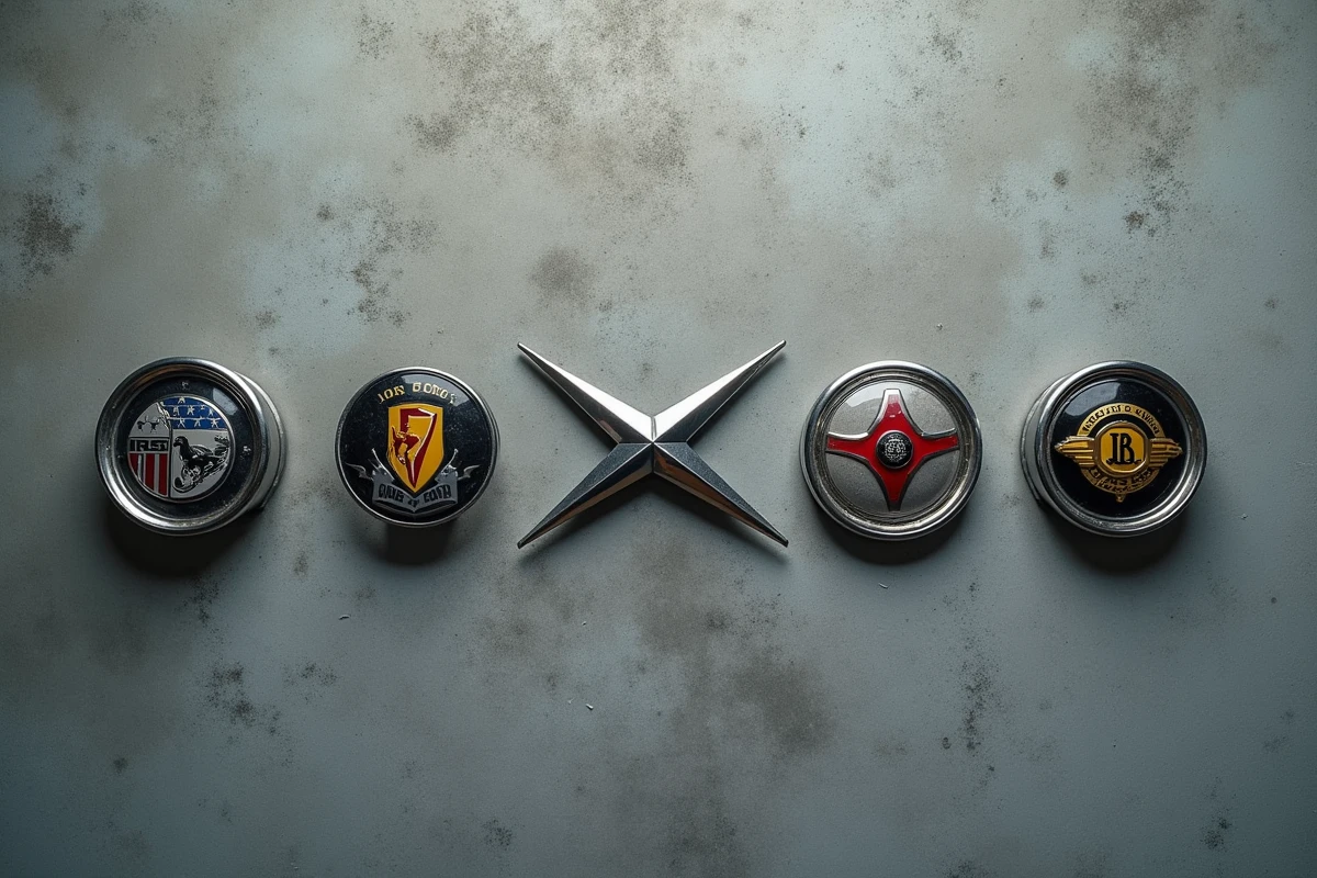 Collection de badges et emblèmes de marques automobiles posés sur béton avec une marque en X au centre