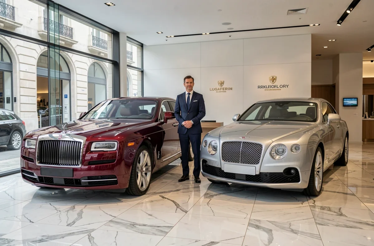 Rolls-Royce et Bentley exposées dans le showroom de Biribin Europe avec un agent en costume