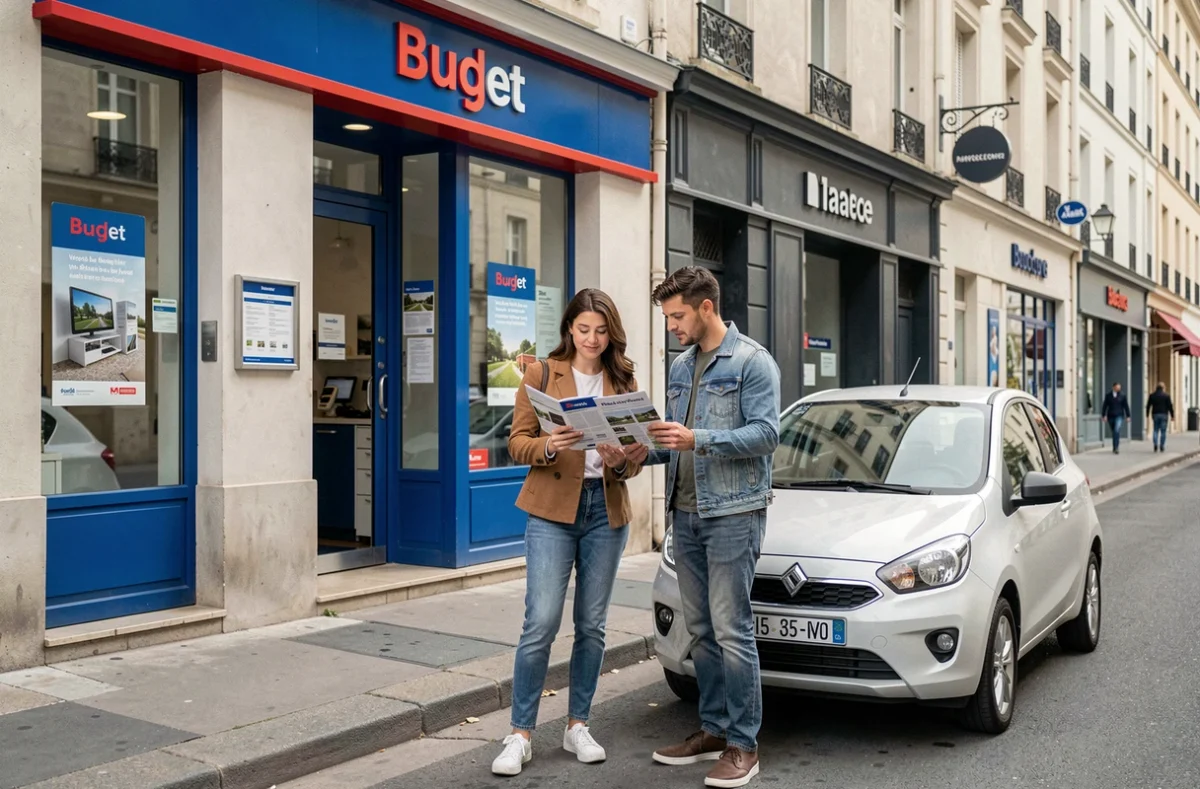 Couple comparant des offres Budget devant une agence de location économique sur une rue commerçante française