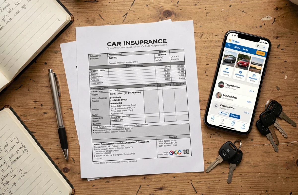 Vue de dessus d'un bureau avec un formulaire de devis d'assurance voiture, un stylo, un smartphone et des clés de voiture