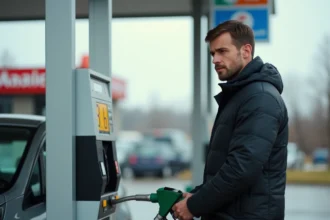 Homme faisant le plein d'essence à une station-service en regardant le prix affiché sur la pompe