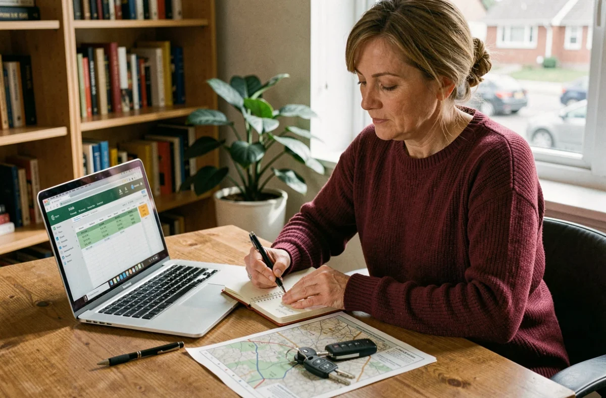 Femme calculant le coût de ses trajets quotidiens en voiture depuis son bureau à domicile