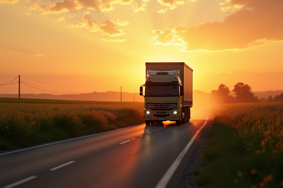 Camion de livraison en mouvement sur une route rurale au lever du soleil