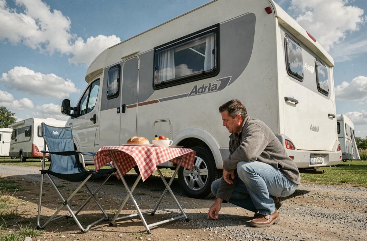 Camping-car Adria d'occasion sur un terrain de camping rural avec table pliante, homme vérifiant les pneus du véhicule
