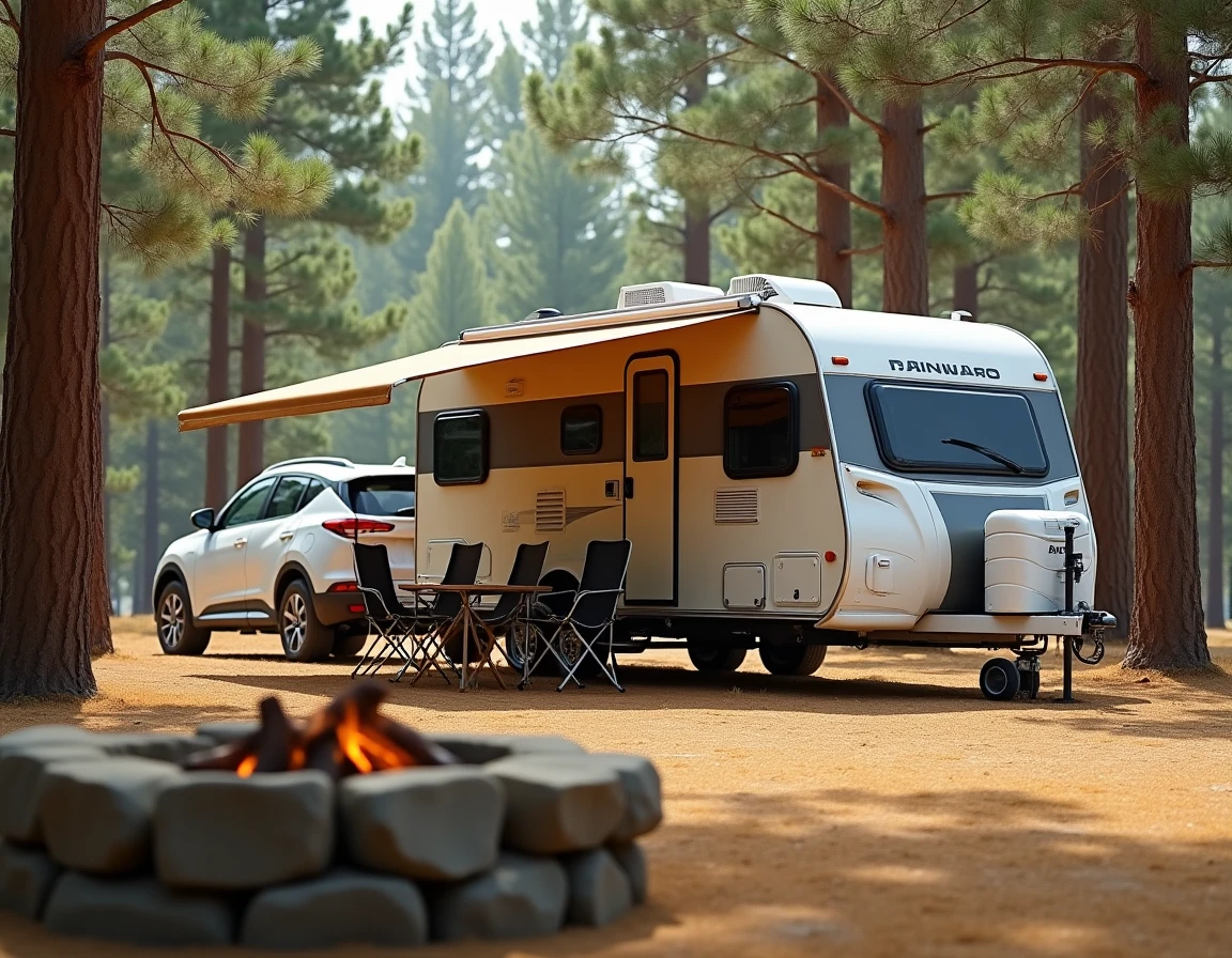 Caravane d'occasion attelée à un SUV sur un camping rural, configuration économique pour voyager en famille