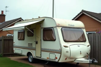 Caravane d'occasion compacte garée dans une allée résidentielle, modèle abordable pour petit budget