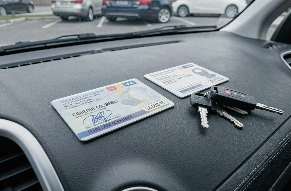 Carte grise et attestation d'assurance posées sur le tableau de bord d'un véhicule avec moteur diesel d'occasion