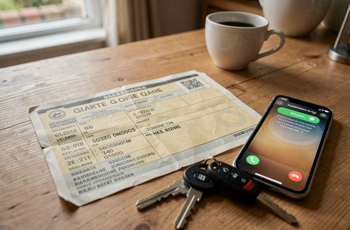 Carte grise française posée sur une table avec clés de voiture et smartphone, symbolisant les démarches administratives