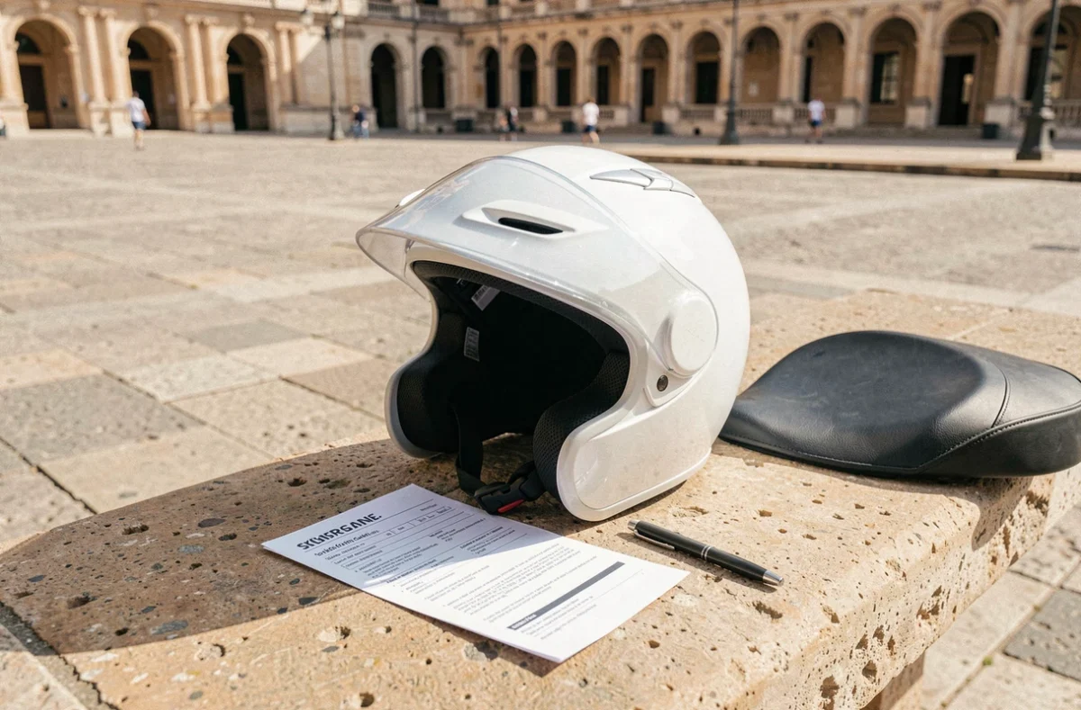 Casque de scooter et contrat d'assurance posés sur un banc en pierre à Montpellier