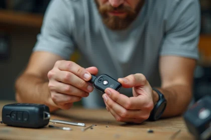 Homme changeant la pile de la clé télécommande Renault Clio 4 sur un établi de garage avec une pile CR2032