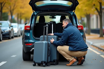 Homme chargeant des bagages dans un SUV compact en ville