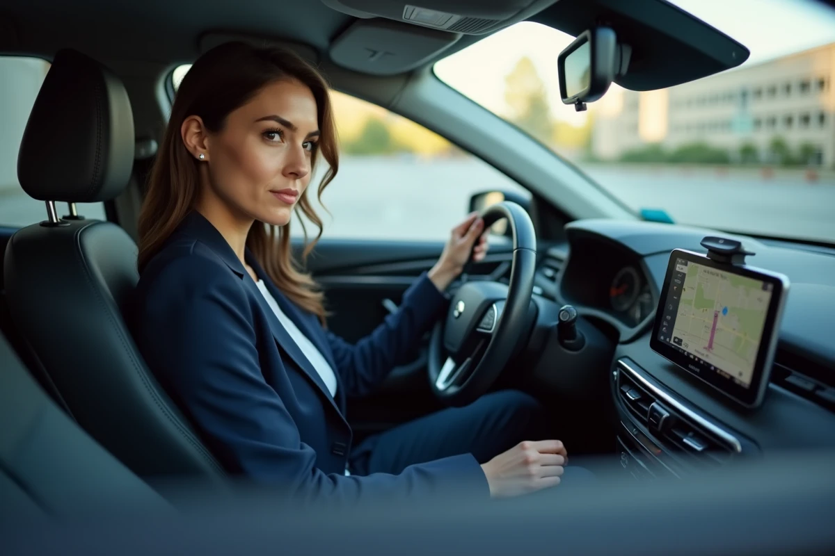 Femme chauffeure VTC assise dans son véhicule prête à démarrer une course, illustrant la reconversion depuis un poste de sécurité privée