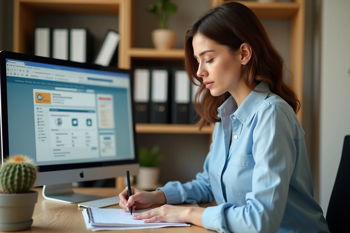 Femme remplissant une checklist sur un carnet pour changer d'assurance auto devant un écran d'ordinateur dans un bureau à domicile