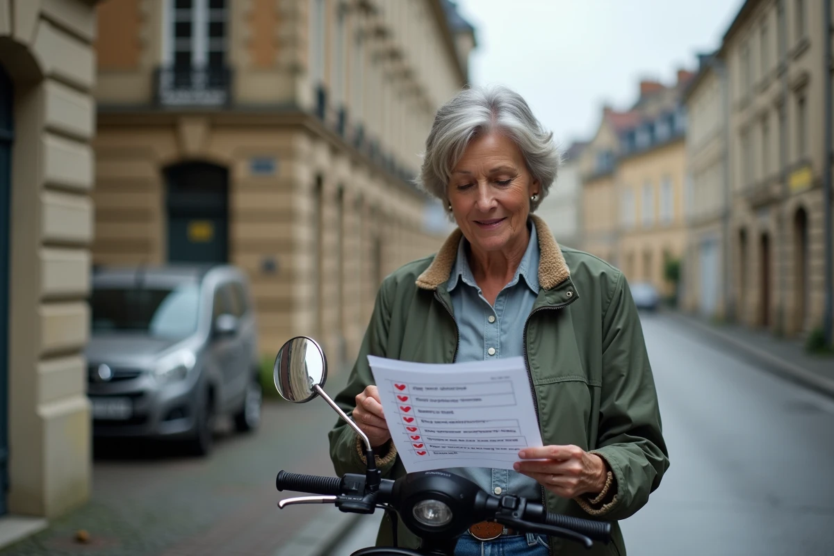 Femme consultant une checklist pour le contrôle technique de son scooter en ville