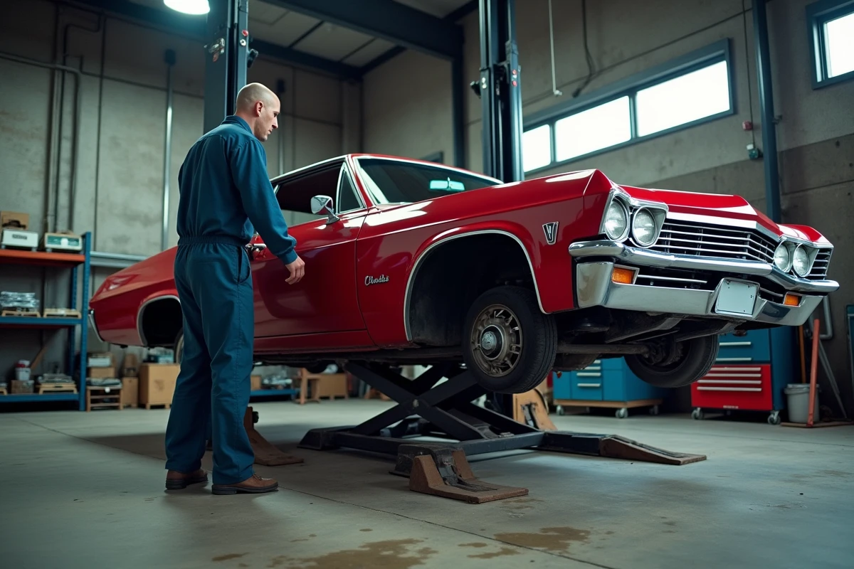 Chevrolet Impala 1967 quatre portes sur pont élévateur dans un garage de contrôle technique mécanique professionnel