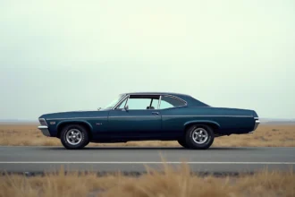 Chevrolet Impala 4 portes 1967 en bleu métallisé garée sur une route américaine déserte avec plaines à l'horizon