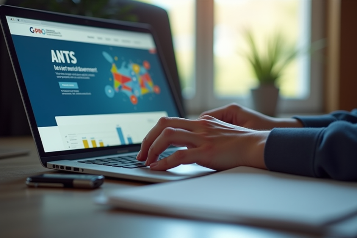 Mains tapant sur ordinateur avec site officiel Ants