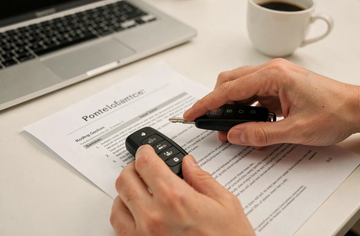 Mains tenant une clé de voiture et pointant une clause d'un contrat d'assurance auto à revoir