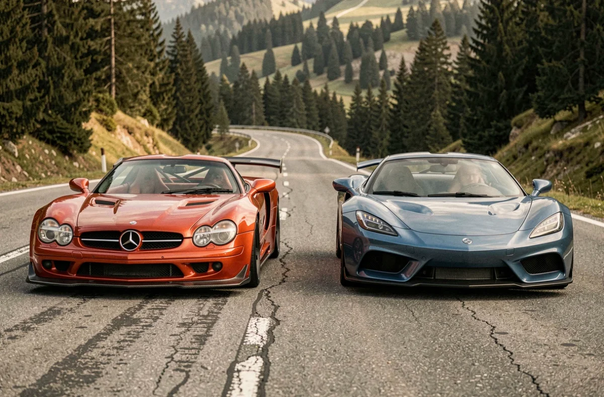 Comparaison côte à côte entre la Mercedes-Benz CLK GTR et une supercar moderne sur une route de montagne sinueuse