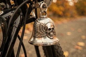 Cloche guardian bell chromée accrochée au cadre d'une moto classique avec motifs gravés crâne et ailes