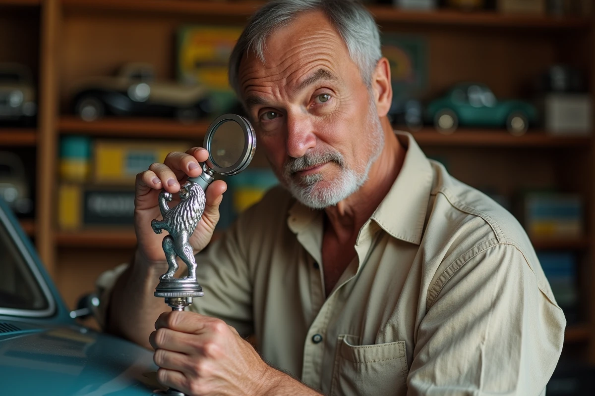 Collectionneur examinant un ornement capot lion Peugeot original des années 60 avec une loupe dans un garage privé organisé