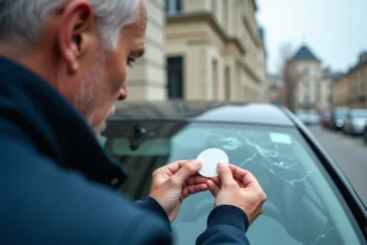 Homme collant une vignette Crit'Air sur un pare-brise fissuré dans une rue urbaine