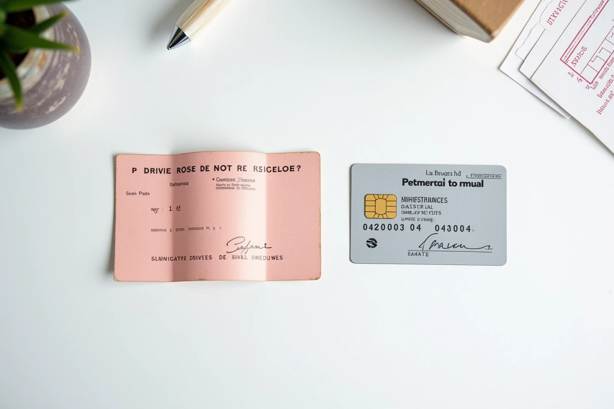 Comparaison entre l'ancien permis de conduire trois volets et le nouveau format carte plastifiée sur un bureau