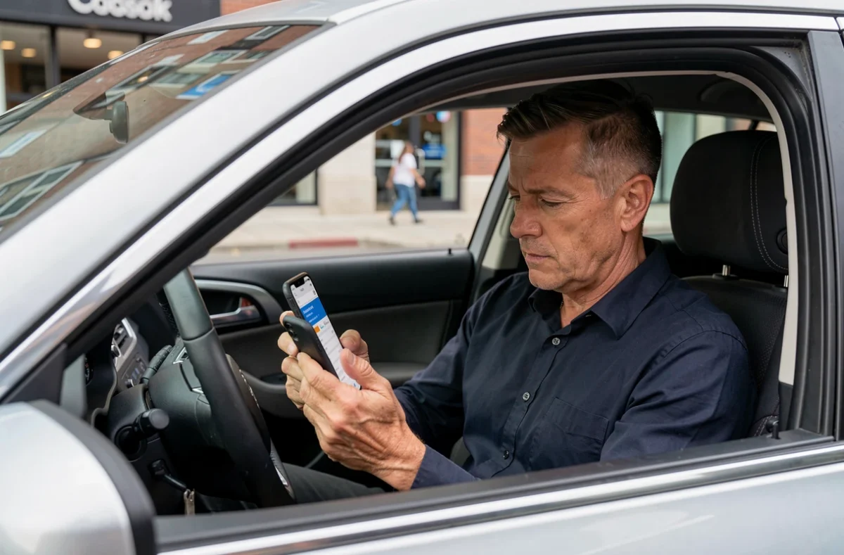 Homme comparant des offres d'assurance auto en ligne depuis son smartphone dans une voiture en stationnement